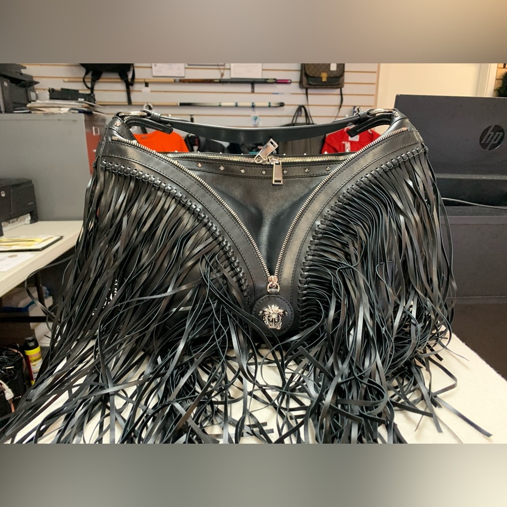 Versace Repeat Fringe Black Leather Medium Hobo Bag